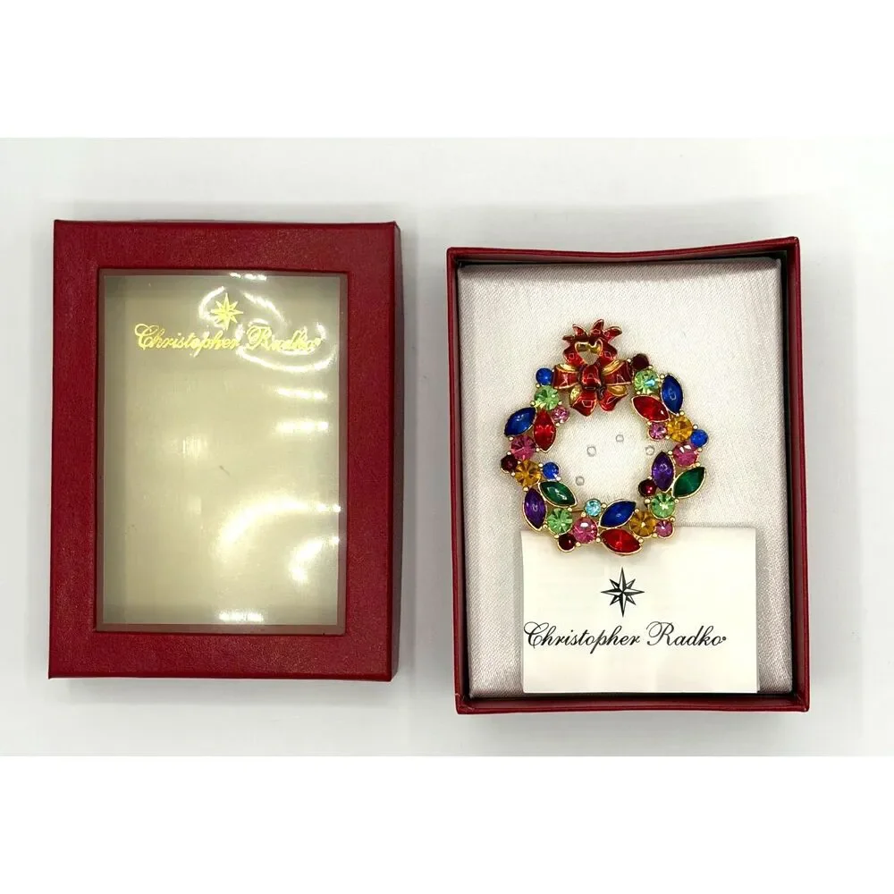 Vintage Christopher Radko Rhinestone Enamel Christmas Wreath Brooch NIB